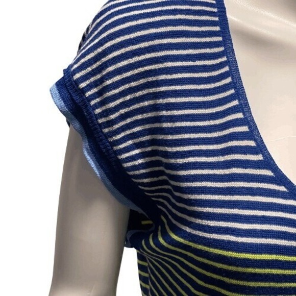 Nanette Lepore Heartbeat Blue Yellow Striped Linen Blend Dress Ruffle Pockets S‎ - Picture 4 of 10